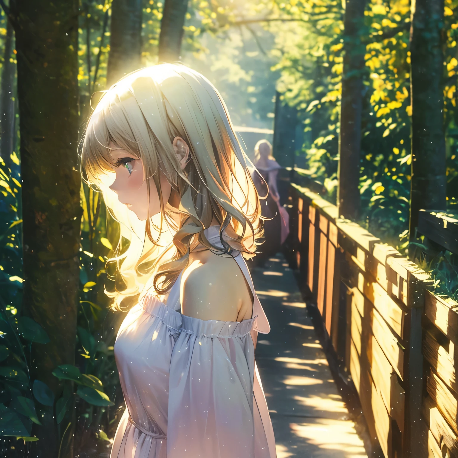 (8k), (masterpiece), (best quality), (super details), (award winning), (game illustration), lens flare, glowing light, woman in a pink dress standing in the woods, modeling shoot, beautiful girl, (beautiful face:0.8), slender blonde girl, fashion photography portrait, pale skin curly blond hair, (off shoulder), (small breast)