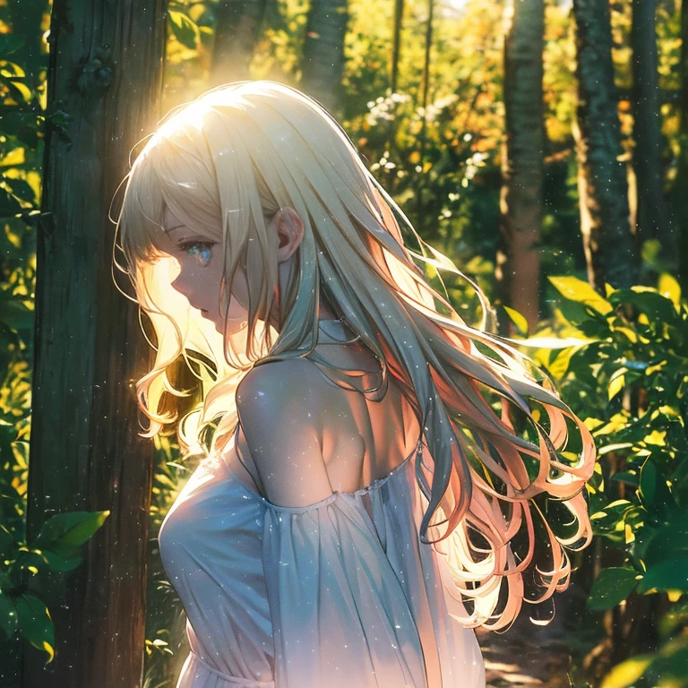 (8k), (masterpiece), (best quality), (super details), (award winning), (game illustration), lens flare, glowing light, woman in a pink dress standing in the woods, modeling shoot, beautiful girl, (beautiful face:0.8), slender blonde girl, fashion photography portrait, pale skin curly blond hair, (off shoulder), ((small breast))