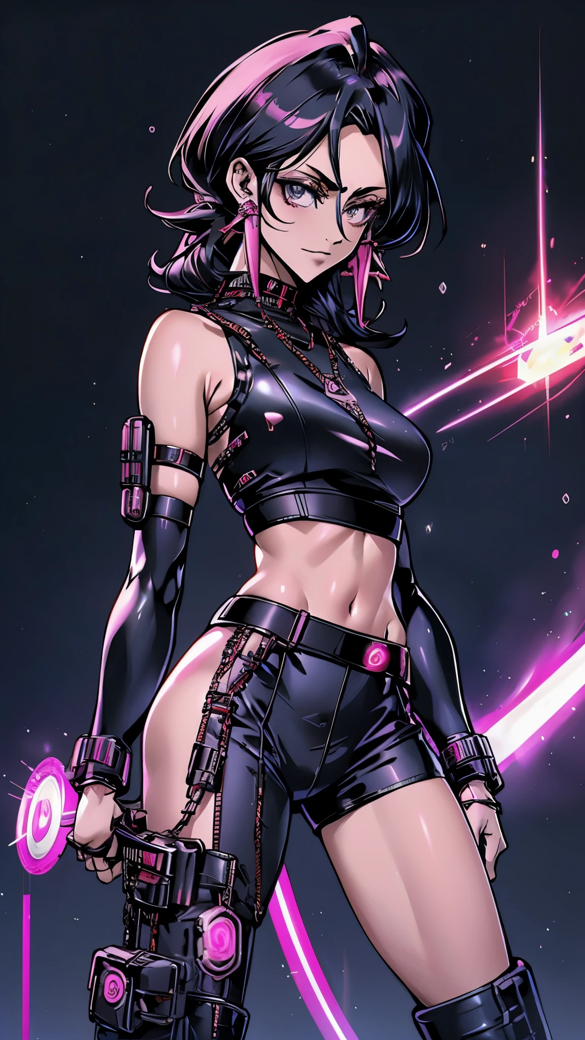 a นักอนาคตนิยม female warrior holding a katana, (ผิวที่มีรายละเอียดประณีต), ผิวสีซีด, (in a deep neckline highly detailed sexy นักอนาคตนิยม cyberpunk black crop top and underpants made of circuit boards, คำภาษาญี่ปุ่นที่มีผลสะท้อน, องค์ประกอบมหากาพย์ที่สวยงาม, นักอนาคตนิยม, งานศิลปะ, มีเสน่ห์, กำลังถ่ายรูป
