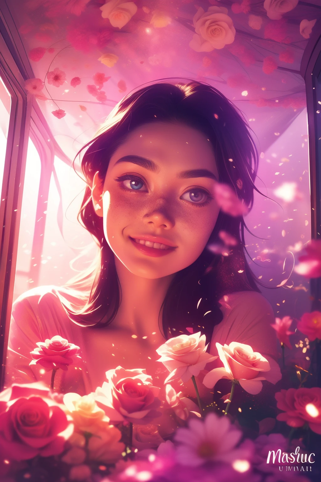 (This is a beautiful, intricate, (romatic) fantasy image that emphasizes beauty and grace.) Generate a blind curvy woman with soft natural freckles. Her face is important and should be (perfectly formed) with (beautiful puffy lips) and (perfect features). There is a cute freckle birthmark on her lip. The image exudes ethereal beauty and soft fantasy, with shimmering shades of pink throughout. Surround her with eternal roses in shimmering shades. Ensure perfection in her face, hair, and eyes. Include sweet and detailed birds and soft, luminous flowers and detailed roses. Utilize dynamic composition and dramatic lighting and cinematic lighting to create an interesting fantasy image. The background of the image is interesting and ultra-detailed, with soft fantasy lighting and gradients. Include fantasy details, cute aura, colorful, colourful, and interesting magical background. The image's background is decorated in shades of pink, shimmer, glitter, and fantasy details like colored bubbles and cosmos. Include subtle freckles, natural freckles and a diffused realistic skin tone. Incorporate elements of high fantasy, whimsy, and detailed elegance. English rose, princess, courtesan, noblewoman, sweet, lovely, calm, lovely, shimmering, glimmering, glittering, astrological fantasy, (((masterpiece))), (highest quality), magic rose, fantasy garden, beautiful face, perfect face, puffy lips, interesting, shy smile, fantasy elements, magic rose, beautiful eyes, perfect puffy lips, jewel tones, luminosity. Taken with a canon camera.