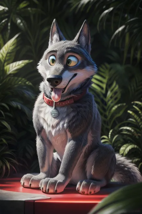cute cartoon of a (gary \(zootopia\)) solo, wolf, gray fur, tongue out, hypnotized, techno collar with a red light, naked, big p...
