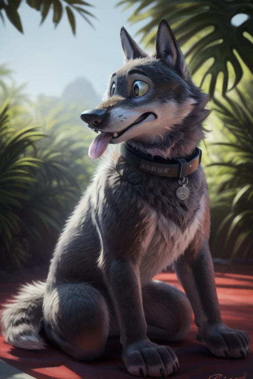 cute cartoon of a (gary \(zootopia\)) solo, wolf, gray fur, tongue out, hypnotized, techno black collar with a red light, naked, big paws, sitting on all fours, BREAK, jungle background, (intricate, high detail, film photography, soft focus, RAW candid cinema, photorealism, realistic, photorealistic, analog style, subsurface scattering, masterpiece, best quality, ultra realistic, 8k) looking ahead