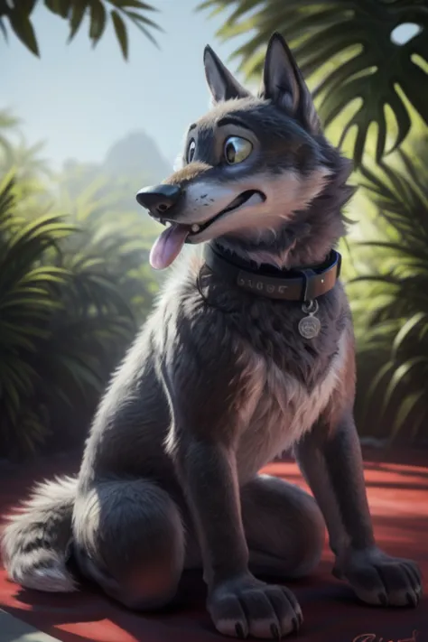 cute cartoon of a (gary \(zootopia\)) solo, wolf, gray fur, tongue out, hypnotized, techno black collar with a red light, naked,...