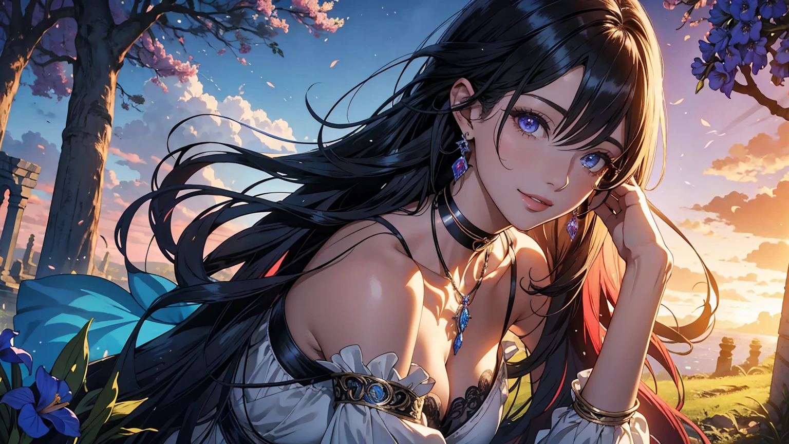 Arte de anime Genshin Impact: Woman in a setting of ancient ruins and a giant tree in the background and sunset. Romantic Era. Deep and dramatic atmosphere, mesclando fantasia e realidade. She is adorned with necklace and choker. clear and sharp eyes: irises with vibrant and detailed colors, pupilas bem definidas, brilho natural refletindo a luz, clear and distinct iris edges, long, well-shaped eyelashes, sobrancelhas bem cuidadas, linhas finas ao redor dos olhos. flowing hair. Olhar meigo e provocante, sorriso encantador. playful expression, maquiagem estilosa, longos cabelos loiros fluindo ao vento, olhos sedutores, Glossy lips, pose sexy, sorrindo de forma confiante e sedutora. Postura ousada e determinada, dynamic pose, encarando diretamente o espectador. posing for a professional photo shoot. very high quality image, com detalhes ultra-detalhados e realistas. Vibrant colors and ethereal lighting. Paisagens imaginativas, horizonte expansivo, dramatic lighting. Cores brilhantes e vibrantes, studio lighting, profundidade de campo rasa, destacando o assunto principal, soft natural lighting, Creating a dreamlike and magical atmosphere. Beleza da natureza.