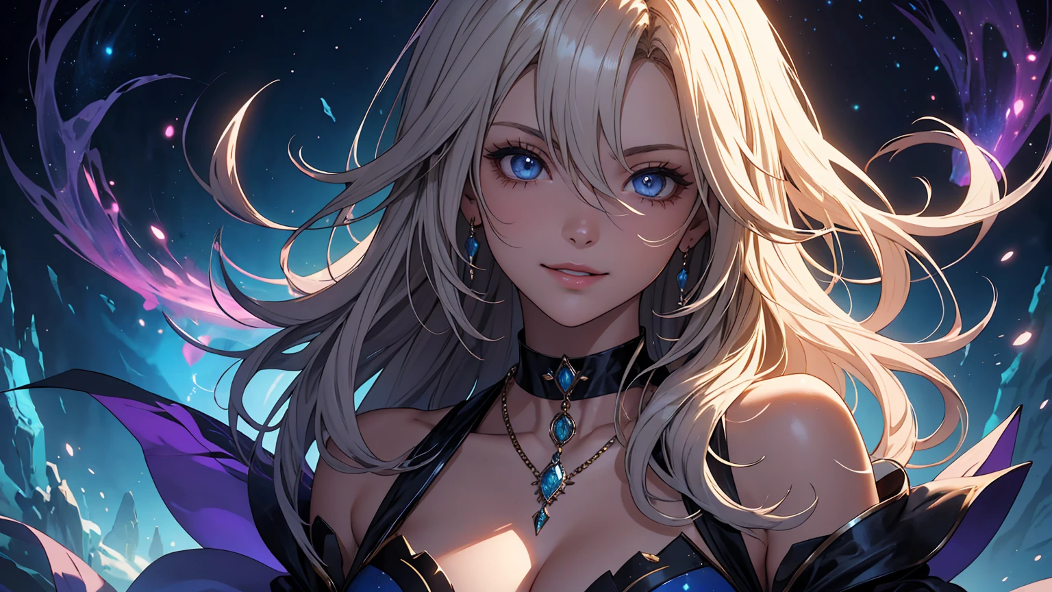 Arte de anime Genshin Impact: Woman in a setting with a giant tree in the background and starry sky, full of sparkling celestial bodies, evoking another world. romantic era. Deep and dramatic atmosphere, mixing fantasy and reality. She is adorned with necklace and choker. clear and sharp eyes: irises with vibrant and detailed colors, well-defined pupils, natural shine reflecting light, clear and distinct iris edges, long, well-shaped eyelashes, well-groomed eyebrows, fine lines around the eyes. flowing hair. Sweet and provocative look, charmer smile. playful expression, stylish make up, long blonde hair flowing in the wind, Eyes seductive, Glossy lips, pose sexy, smiling confidently and seductively. Bold and determined stance, dynamic pose, directly facing the viewer. posing for a professional photo shoot. very high quality image, with ultra-detailed and realistic details. Vibrant colors and ethereal lighting. imaginative landscapes, expansive horizon, dramatic lighting. bright and vibrant colors, studio lighting, shallow depth of field, highlighting the main topic, soft natural lighting, Creating a dreamlike and magical atmosphere. Nature beauty.