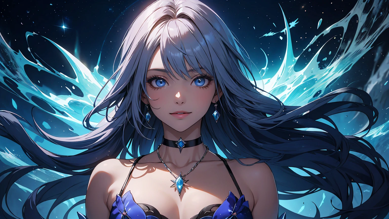 Arte de anime Genshin Impact: Woman in a setting with a giant tree in the background and starry sky, full of sparkling celestial bodies, evoking another world. romantic era. Deep and dramatic atmosphere, mixing fantasy and reality. She is adorned with necklace and choker. clear and sharp eyes: irises with vibrant and detailed colors, well-defined pupils, natural shine reflecting light, clear and distinct iris edges, long, well-shaped eyelashes, well-groomed eyebrows, fine lines around the eyes. flowing hair. Sweet and provocative look, charmer smile. playful expression, stylish make up, long blonde hair flowing in the wind, Eyes seductive, Glossy lips, pose sexy, smiling confidently and seductively. Bold and determined stance, dynamic pose, directly facing the viewer. posing for a professional photo shoot. very high quality image, with ultra-detailed and realistic details. Vibrant colors and ethereal lighting. imaginative landscapes, expansive horizon, dramatic lighting. bright and vibrant colors, studio lighting, shallow depth of field, highlighting the main topic, soft natural lighting, Creating a dreamlike and magical atmosphere. Nature beauty.