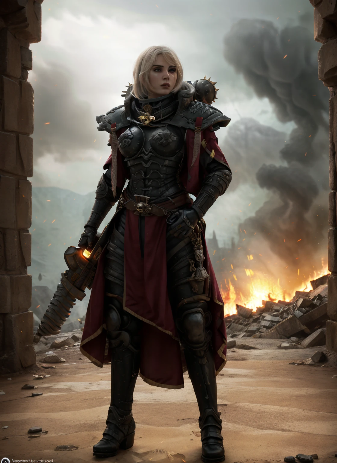 High-quality photo of Whsororitas standing with a sword in his hands Whsororitas, 1 girl, ruins of a burning city in the background, dust and smoke, atmospheric lighting, White paper scrolls with text, Red wax seals, rich colors, The Face of Charlize Therion, star trek cinematic,Warhammer 40k, Beautiful face, detailed face, Representation with swordHigh detail and very clear and complex art.. Octane render, 3D character rendering 8K , all body character with high detail, Beautiful, fires from a machine gun