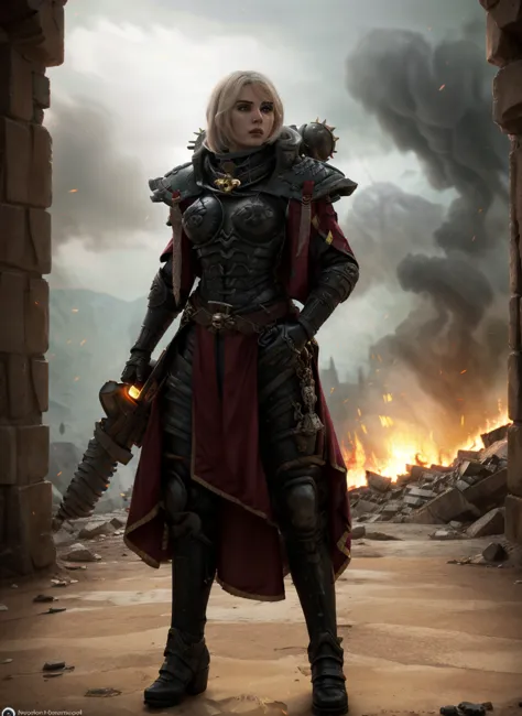 High-quality photo of Whsororitas standing with a sword in his hands Whsororitas, 1 girl, ruins of a burning city in the backgro...
