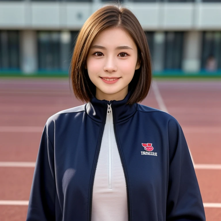 (kawaii 24 year-old Japanese girl, Nogizaka idol, Korean idol, track and field player), healthy female athlete body, glossy brown hair, (very short hair:1.2), beautiful black eyes, rounded face, single eyelid, (no makeup:1.2), (big laughing), (long sleeved track jacket:1.3), extra small breasts, BREAK, (track and field stadium  background:1.2), (dynamic angle, bust shot:1.2), BREAK, (masterpiece, best quality, photo realistic, official art:1.4), (UHD, 8K quality wallpaper, high resolution, raw photo, golden ratio:1.3), (shiny skin), professional lighting, physically based rendering, award winning, (highly detailed skin texture, extremely detailed face and eyes textures), Carl Zeiss 85 mm F/1.4, depth of field, (1girl, solo),