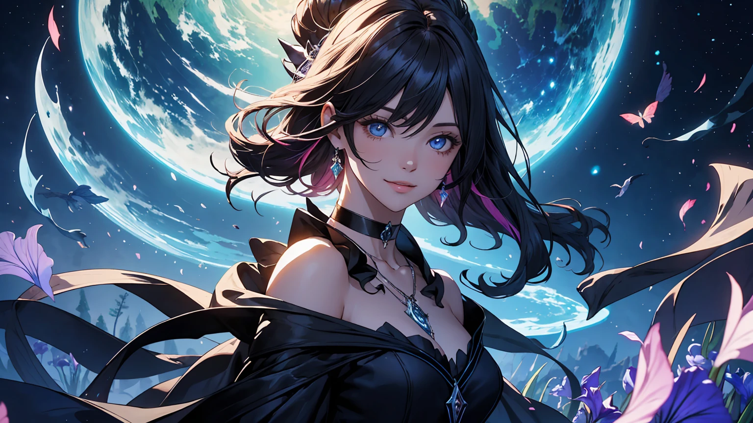 Arte de anime Genshin Impact: Woman in a setting with a giant tree in the background and starry sky, repleto corpos celestes cintilantes, evocando outro mundo. Romantic Era. Deep and dramatic atmosphere, mesclando fantasia e realidade. She is adorned with necklace and choker. clear and sharp eyes: irises with vibrant and detailed colors, pupilas bem definidas, brilho natural refletindo a luz, clear and distinct iris edges, long, well-shaped eyelashes, sobrancelhas bem cuidadas, linhas finas ao redor dos olhos. flowing hair. Olhar meigo e provocante, sorriso encantador. playful expression, maquiagem estilosa, longos cabelos loiros fluindo ao vento, olhos sedutores, Glossy lips, pose sexy, sorrindo de forma confiante e sedutora. Postura ousada e determinada, dynamic pose, encarando diretamente o espectador. posing for a professional photo shoot. very high quality image, com detalhes ultra-detalhados e realistas. Vibrant colors and ethereal lighting. Paisagens imaginativas, horizonte expansivo, dramatic lighting. Cores brilhantes e vibrantes, studio lighting, profundidade de campo rasa, destacando o assunto principal, soft natural lighting, Creating a dreamlike and magical atmosphere. Beleza da natureza.