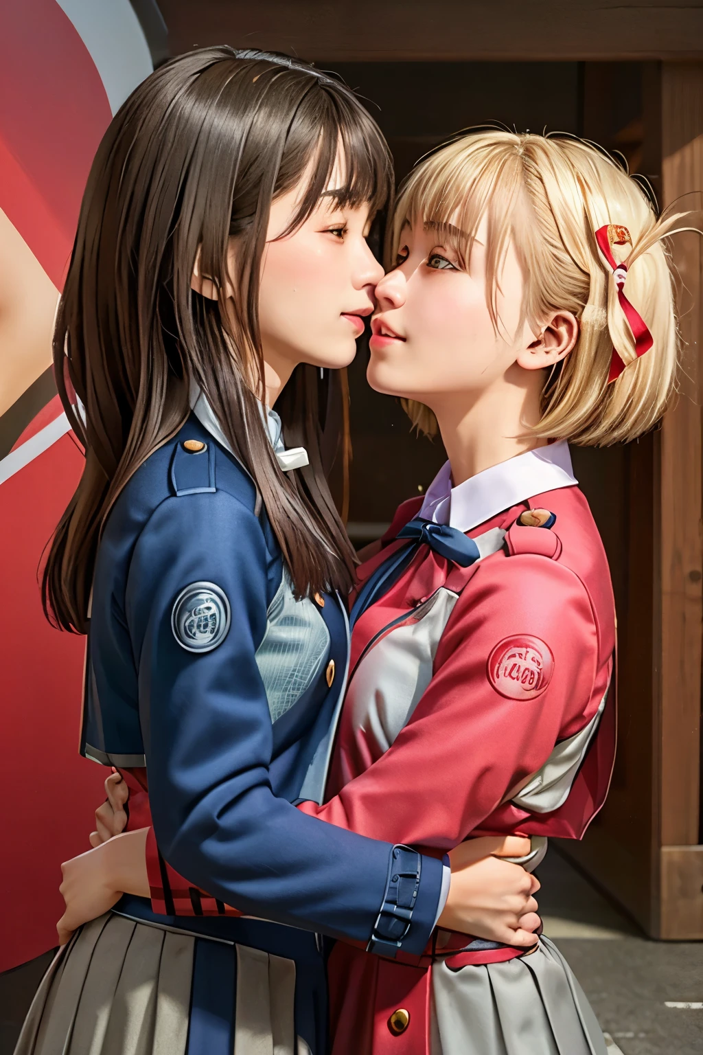 (realistic, photo-realistic:1.4), (masterpiece, best quality:1.2), RAW photo, 8K, high resolution, intricate details, extremely detailed,, 
(2girls:1.8), lycoris recoil, Takina Inoue is hugging embracing  Nishikigi Chisato,imminent kiss, lesbian yuri,
takina,lyln,inoue_takina,black_hair,long_hair,black_jacket,
chisato,lyqs,nishikigi_chisato,blonde_hair,short_hair,red_ribbon,
Hugging someone you love makes you feel happy. They say that when someone hugs you, it lifts your spirits and reduces stress. 