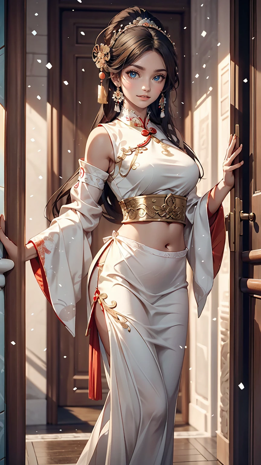 An elegant and intelligent classical Chinese woman, Wear a belly band, Standing at the door with a smile, Her skin is brighter than snow, Her eyes are like pools of clear water. There is a faint book-like atmosphere.