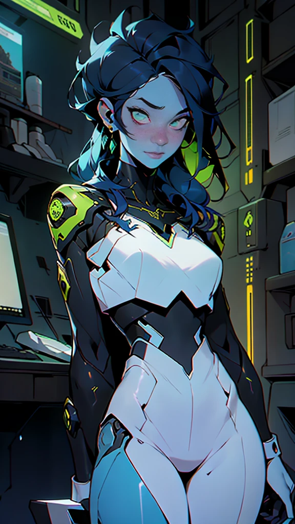 ((best qualityer)), ((Masterpiece artwork)), (very detailled:1.3), 3d, bonitas (cyberpunk:1.3) (sfw Hacker feminino, thick hair, nsfw crop top, blue fur), operational computer terminals, computer servers, LCD screens, fibre optic cables, corporate logos, HDR (High Dynamic Range), ray tracing, nvidia RTX, Super Resolution, Unreal 5, sub-surface Scattering, PBR Textures, Post-processing, anisotropic filtering, Depth of field, Maximum Sharpness and Sharpness, Multilayer textures,  Specular and albedo mapping, surface shading, Precise simulation of light-material interactions, perfectly proportions, octane rendering, duotone lighting, Low ISO, white-balance, rule of thirds, Wide aperture, 8K RAW, high efficiency subpixels, subpixel convolution, glow particles,