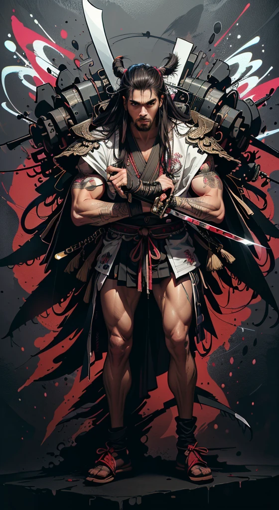 ((masterpiece, high quality, best quality, 8k, wallpaper, detailed, realistic)), samurai swords, skinny, korean popstar, full body, tall, long legs, simple red background, palm trees, (graffiti wall:1.2), muscular, strong, courageous holding samurai swords
