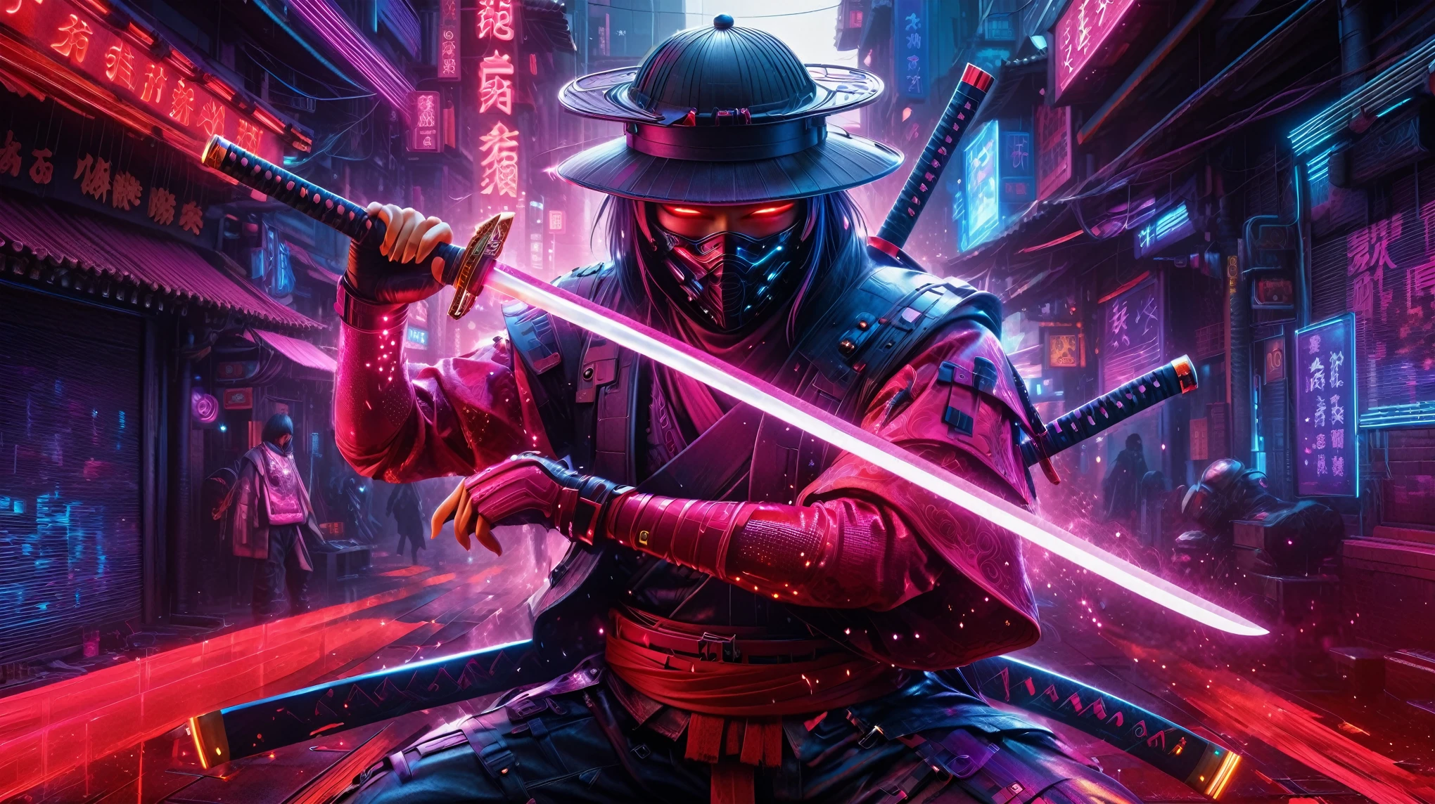 A stunning, high-quality image of a cyberpunk szene This captivating a Cyber Samurai cyberpunk Katana, unsheathing katana, Chinese hat, and typical Chinese clothing, cyberpunk parts, red eyes, piece seamlessly blends photography, dark and neon awesome separation colors red purple black and Black, background mix Chinese street and Cyberpunk, illustration, 3D rendering, and painting to create a cinematic experience that evokes both wonder and danger, dark fantasy, cinematic, poster, 3d render, illustration, painting, photo, vibrant