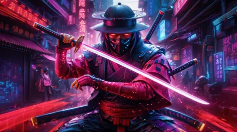 A stunning, high-quality image of a cyberpunk szene This captivating a Cyber Samurai cyberpunk Katana, unsheathing katana, Chine...