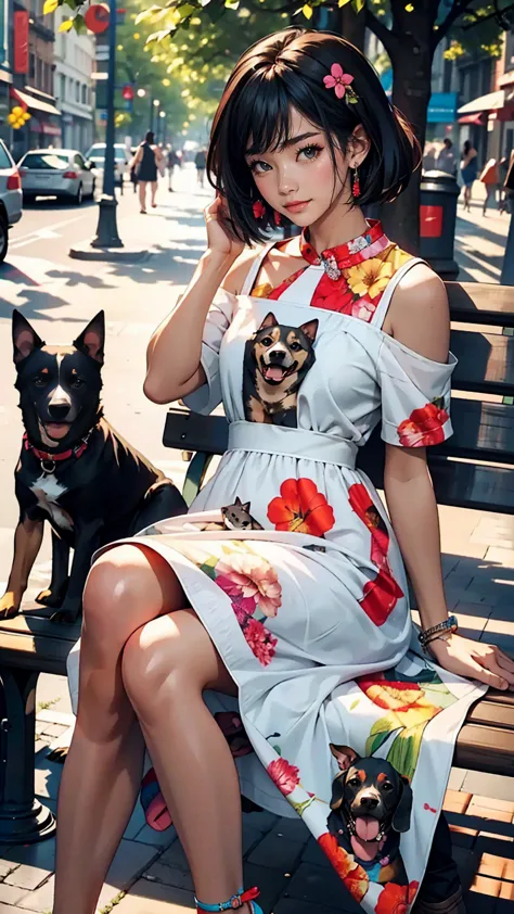 highest quality, a woman was sitting on a bench , summer_dress, dogs printed in the dress