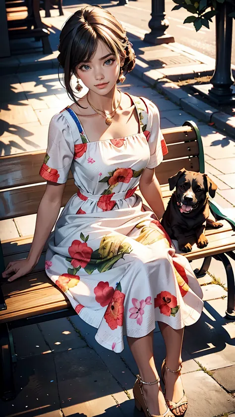 highest quality, a woman was sitting on a bench , summer_dress, dogs printed in the dress