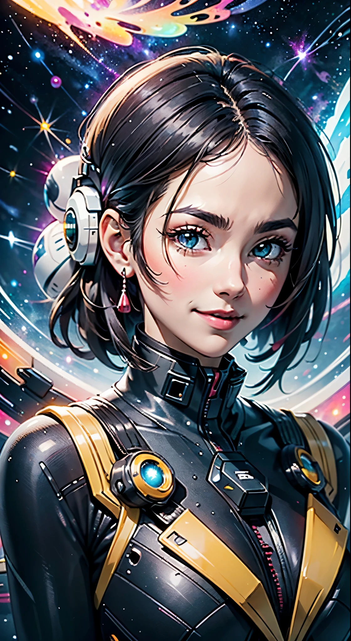 estilo niji,RFKTR_tecnotrex,mulher explorando planetas, cara feliz, mundos alienígenas, locais exóticos, espaço profundo,terrores desconhecidos, galáctico, nebulas,Estrelas,fcRetrato