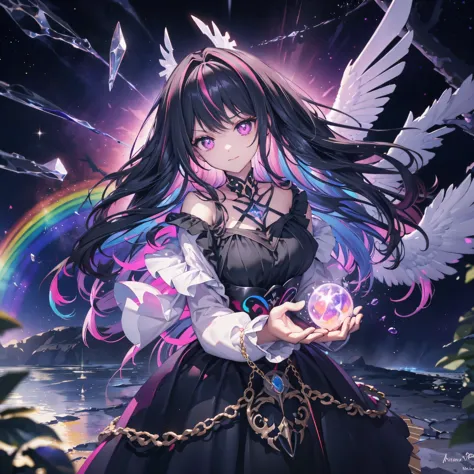 ((fantasy　long hair　pink eyes　rainbow hair　black dress　archangel))　((night　western style　shining aura　face is close　))distorted ...