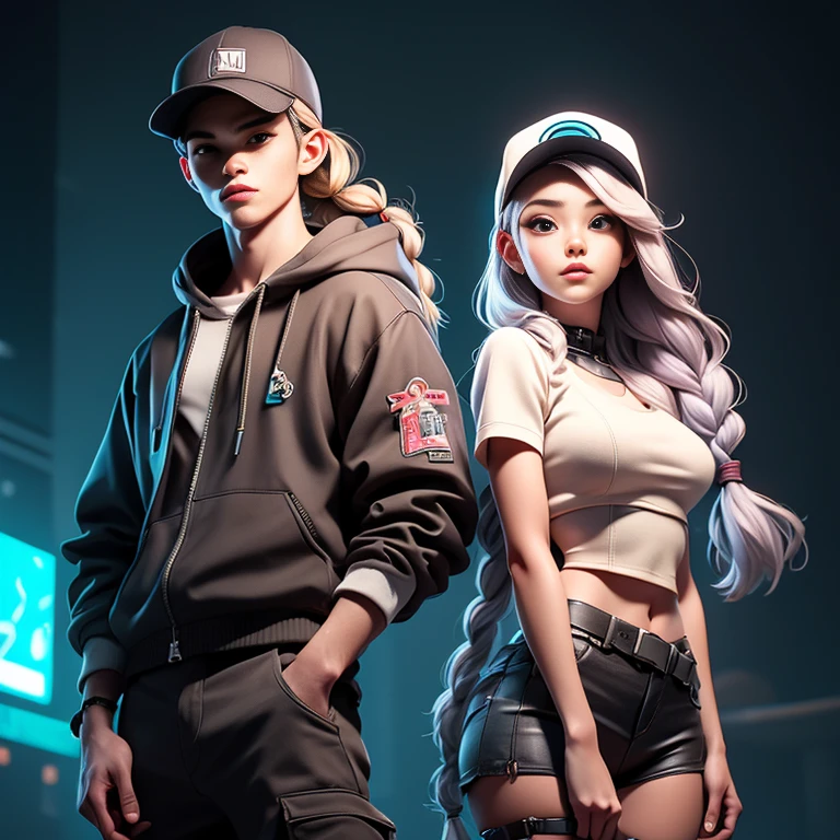 1. Scene description: - Couple Photos、Boy and girl standing back to back、（Baseball cap boy and cryptic girl） - Detailed facial features: The boy wears glasses、pronounced nose、Natural wavy short hair、The girl has beautiful and detailed eyes.、beautiful and dense lips、Her gray hair is colored a light purple gradient and her long hair, about the same length as her, is braided - Additional details: Long eyelashes、Gentle smile、Confident posture、 (Very detailed目と顔、Long eyelashes)

 2.material: ·An illustration：Characters are depicted by hand.、 - Media: High resolutionのデジタル イラスト、 - Artistic style: Combining elements of science fiction, fantasy and art、

 3. Scene details: - background: Strange clouds gather and lightning flashes、 - Lighting: Dramatic lighting casts shadows、Illuminates the character&#39;s facial features、 -atmosphere: Mysterious and fascinating、Full of expectations、

 4.image quality: - highest quality、High resolution：（highest quality、High resolution） - Super detailed：（Super detailed） - Realisticなスタイル: (Realistic) - Bright colors：（Bright colors）

 5. Color Palette: - Main color: Girl&#39;s clothing black、Shades of silver、White and light purple shades in the girl&#39;s hair、Boys clothing yellow、Shades of black、・Suspicious Sky: Silvery purple and pink、

 6. Overall prompt: Boy and girl standing back to back、(The girl has her long hair braided、Wearing a revealing cyberpunk outfit:1.6)、A girl with beautiful eyes and lips、Boys are slightly shorter than girls、He is wearing a yacht hoodie, cargo pants and a baseball cap.、雰囲気はMysterious and fascinating、Full of expectations、画像はhighest quality、High resolution、Very detailed、Photorealistic style、Color Paletteには、The character&#39;s costume and mask are black.、gray、Shades of silverが含まれ、Cherry trees have soft pink and white、The moonlit sky contains deep blues and purples with a silvery tint、
