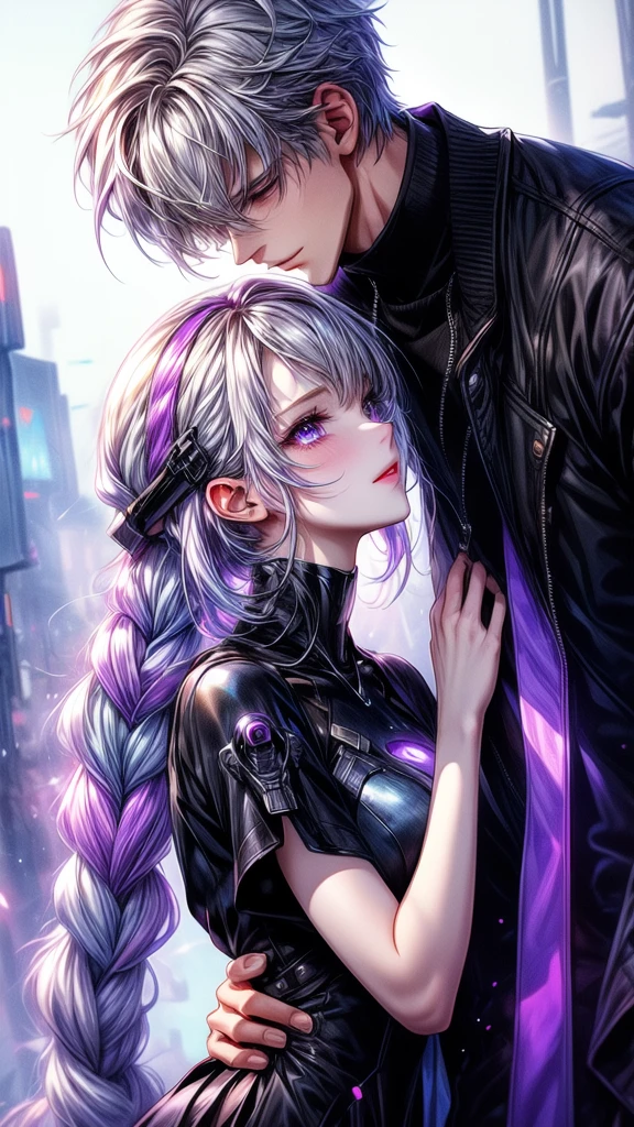 Disorganized、Man and woman couple、highest quality、Masterpiece、Official Art、16K、The best composition、The best light source、The girl has milky white hair with purple inner color, twin long braids, and black clothes in a cyberpunk style.、The man has milky white short hair and a cyberpunk look in white and light blue.、They are gazing at each other lovingly.、A kind smile、Reunion after a long time、Departure、hug、kiss、