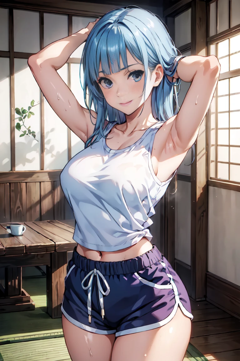 (extremely detailed CG unity 8k wallpaper),(masterpiece),(best quality),(ultra-detailed),(best illustration),(best shadow),(absurdres),  Kasumi, 1girl, solo, blue hair, long hair, blue eyes, smile, holding, bangs, blunt bangs, indoors, upper body, straight hair, tanktop, sleeveless, collarbone, bare shoulder, Standing in bedroom , large breasts, hands in lap, thick thighs, facing camera, looking at viewer, (wide hips), beautiful japanese garden background, dolfine shorts, dshorts, lips seperated, cleavege, athletic shorts, Extremely tight shorts,booth shorts, perfect face, kasumi miwa, miwa, handsome on head, arms up, sweating ,hot,