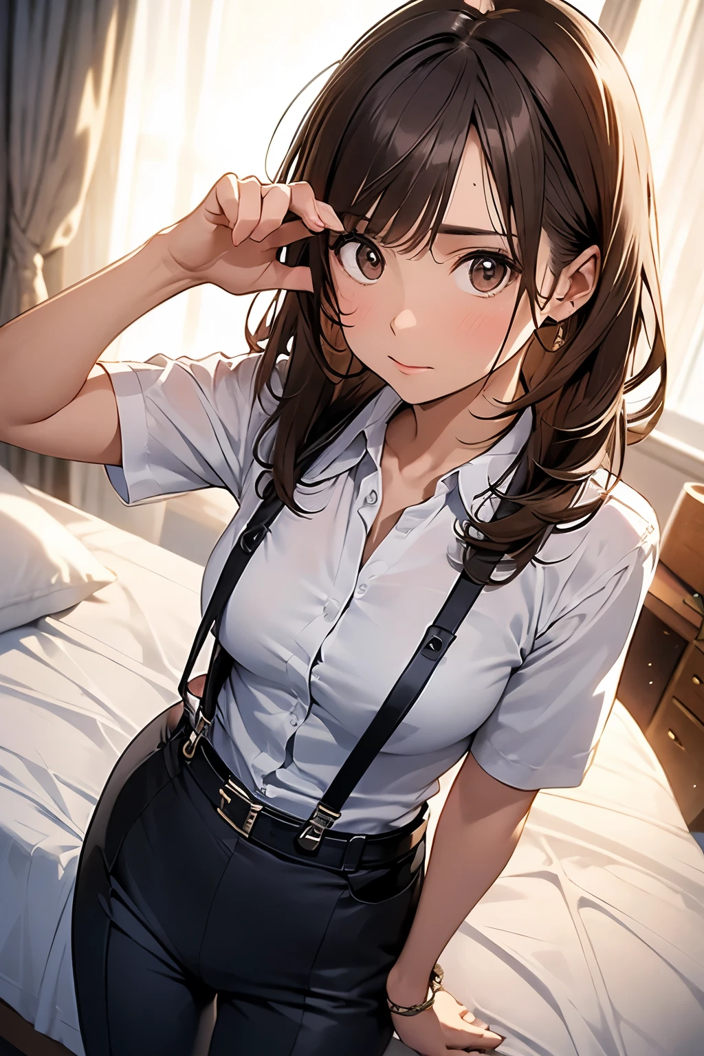 Brown Hair、Staring at the audience　　　Black suspenders　　　bulging big breasts　　 　 　　　wall: 　Black pantsuit　　　　　　sight　　　Small face　 　　　holster　　　Beautiful woman　　Show your hand　　 Lying in bed　　sight 　　Taunt　side　side汗 　arm　Dress shirt　Black Suit　belt