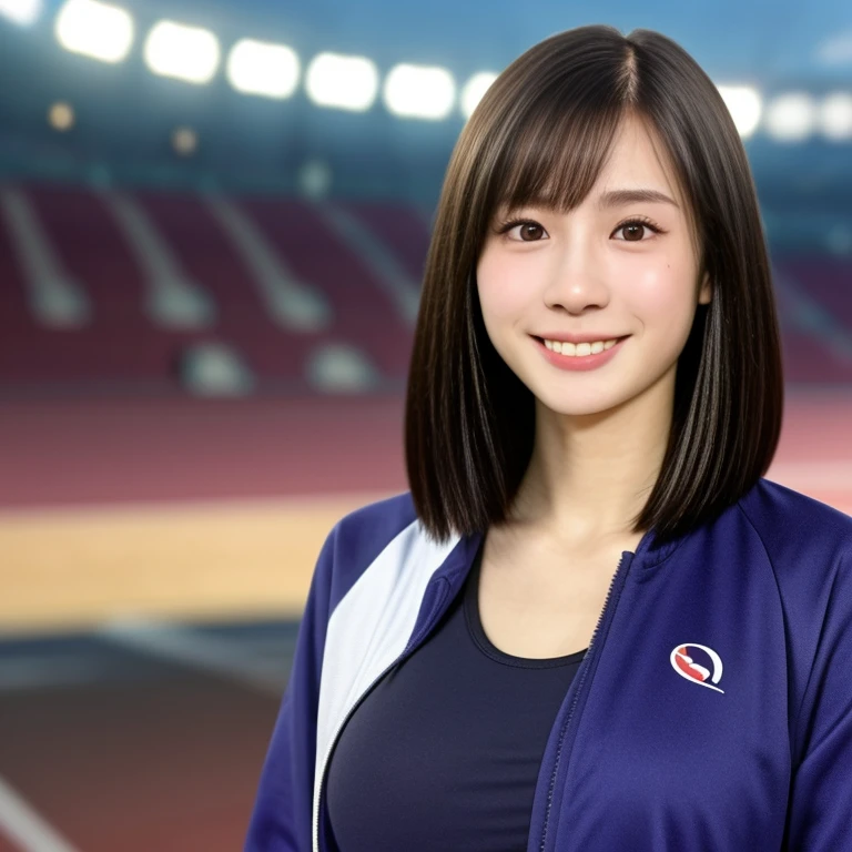 (kawaii 24 year-old Japanese girl, Nogizaka idol, Korean idol, track and field player), healthy female athlete body, glossy black hair, (very short hair, bangs:1.2), beautiful black eyes, rounded face, single eyelid, (no makeup:1.2), (big laughing), (long sleeved track jacket:1.3), extra small breasts, BREAK, (track and field stadium  background:1.2), (dynamic angle, bust shot:1.2), BREAK, (masterpiece, best quality, photo realistic, official art:1.4), (UHD, 8K quality wallpaper, high resolution, raw photo, golden ratio:1.3), (shiny skin), professional lighting, physically based rendering, award winning, (highly detailed skin texture, extremely detailed face and eyes textures), Carl Zeiss 85 mm F/1.4, depth of field, (1girl, solo),