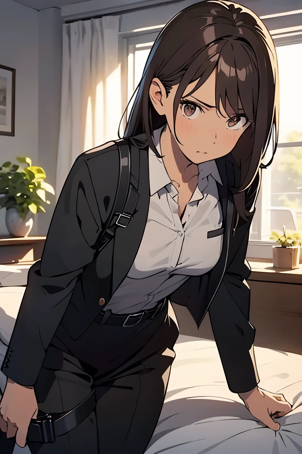 Brown Hair、Staring at the audience　　　Black suspenders　　　bulging big breasts　　 　 　　　wall: 　Black pantsuit　　　　　　sight　　　Small face　 　　　holster　　　Beautiful woman　　Show your hand　　 Lying in bed　　sight 　　Taunt　side　side汗 　arm　Dress shirt　Black Suit　belt