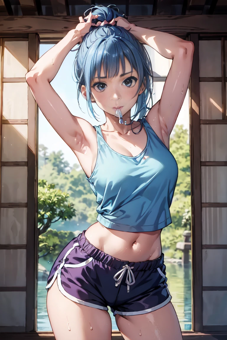 (extremely detailed CG unity 8k wallpaper),(masterpiece),(best quality),(ultra-detailed),(best illustration),(best shadow),(absurdres),  Kasumi, 1girl, solo, blue hair, long hair, blue eyes, holding, bangs, blunt bangs, indoors, upper body, straight hair, tanktop, sleeveless, collarbone, bare shoulder, Standing in bedroom , large breasts, hands in lap, thick thighs, facing camera, looking at viewer, (wide hips), beautiful japanese garden background, dolfine shorts, dshorts, lips seperated, cleavege, athletic shorts, Extremely tight shorts,booth shorts, perfect face, kasumi miwa, miwa, handsome on head, arms up, sweating ,hot, mouth slightly open, ponytail 