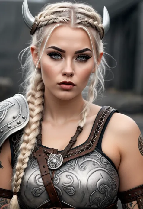 hyper realistic photo realism cg 8k scandinavian tattooed viking girl, hyper realistic detailed perfect face, thin curved platin...