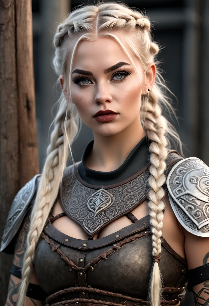 Hyper realistic photo Realism CG 8K Scandinavian tattooed viking girl, hyper realistic detailed Perfect face, thin curved platinum blonde eyebrows, black eyeliner,long luscious eyelashes, black eye shadow, curved lips, matte lipstick, long messy viking braids, real viking armor, large voluptuous breast, perfect ass, full body view,