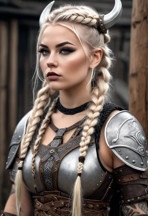 hyper realistic photo realism cg 8k scandinavian tattooed viking girl, hyper realistic detailed perfect face, thin curved platin...