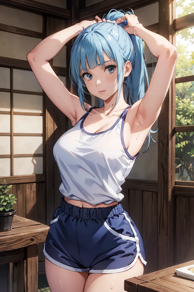 (extremely detailed CG unity 8k wallpaper),(masterpiece),(best quality),(ultra-detailed),(best illustration),(best shadow),(absurdres),  Kasumi, 1girl, solo, blue hair, long hair, blue eyes, holding, bangs, blunt bangs, indoors, upper body, straight hair, tanktop, sleeveless, collarbone, bare shoulder, Standing in bedroom , large breasts, Extremely wide hips, thick thighs, facing camera, looking at viewer, (wide hips), beautiful japanese garden background, dolfine shorts, dshorts, lips seperated, cleavege, athletic shorts, Extremely tight shorts,booth shorts, perfect face, kasumi miwa, miwa, handsome on head, arms up, sweating ,hot, ponytail,36 year old mature woman, medium breasts