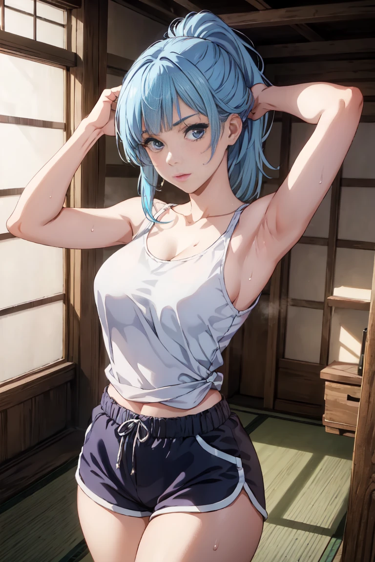 (extremely detailed CG unity 8k wallpaper),(masterpiece),(best quality),(ultra-detailed),(best illustration),(best shadow),(absurdres),  Kasumi, 1girl, solo, blue hair, long hair, blue eyes, holding, bangs, blunt bangs, indoors, upper body, straight hair, tanktop, sleeveless, collarbone, bare shoulder, Standing in bedroom , large breasts, Extremely wide hips, thick thighs, facing camera, looking at viewer, (wide hips), beautiful japanese garden background, dolfine shorts, dshorts, lips seperated, cleavege, athletic shorts, Extremely tight shorts,booth shorts, perfect face, kasumi miwa, miwa, handsome on head, arms up, sweating ,hot, ponytail,36 year old mature woman, medium breasts, lips seperated, beautiful lips, shiny lips, delicate lips, 