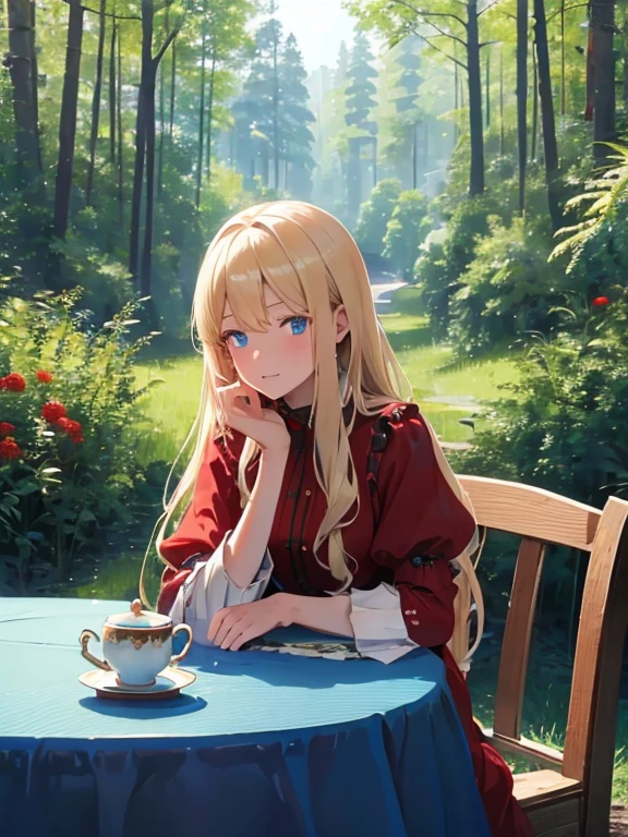 (8k, highest quality, Tabletop:1.2)、Ultra-high resolution, Detailed face, One 75-year-old woman, blue eyes, Blonde, Long Hair, Red dress, blue sky, in the forest, wood々, table cloth, Set of cake and tea on the table, Sit on a chair