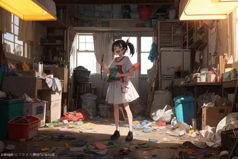 Thteeth illustration teeth、Cute girl standing in a room full of trash、It depicts a moment of rage at the situation.。she、Holding ...