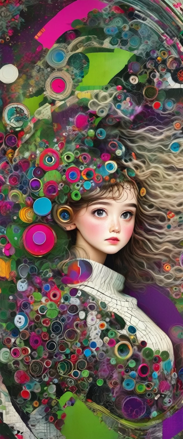 (meilleure qualité,32K,Haute définition,4x ,ultra pointu, haute résolution, professionnel) ,cinématographique, photographie fisheye:1.6,1 belle fille en vêtements techniques, araignée mécanique, cercles, fractales,(art de contour noir) par Yoshitaka Amano,Travis Charest. couleurs, atterrir, cian, jaune, vert. magenta, violette, cian, HD