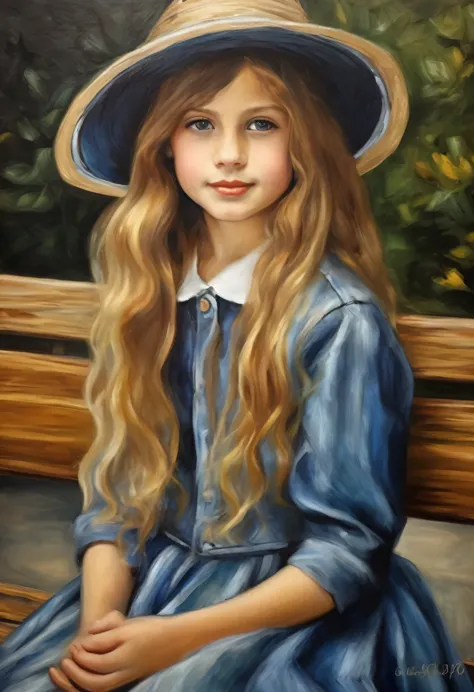 oil painting of a beautiful and perfect , 6 anos, sitting on a bench in a square, segurando uma boneca, ela veste um vestido jea...