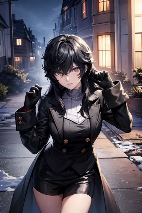 long black hair,dark eyes,black shorts,fluffy coat,gloves,abandoned house,city,night,masterpiece,8k,thief,maid