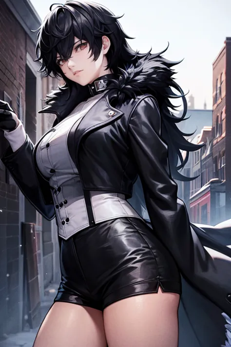 long black hair,dark eyes,black shorts,fluffy coat with collar,gloves,abandoned house,city,night,masterpiece,8k,thief,maid