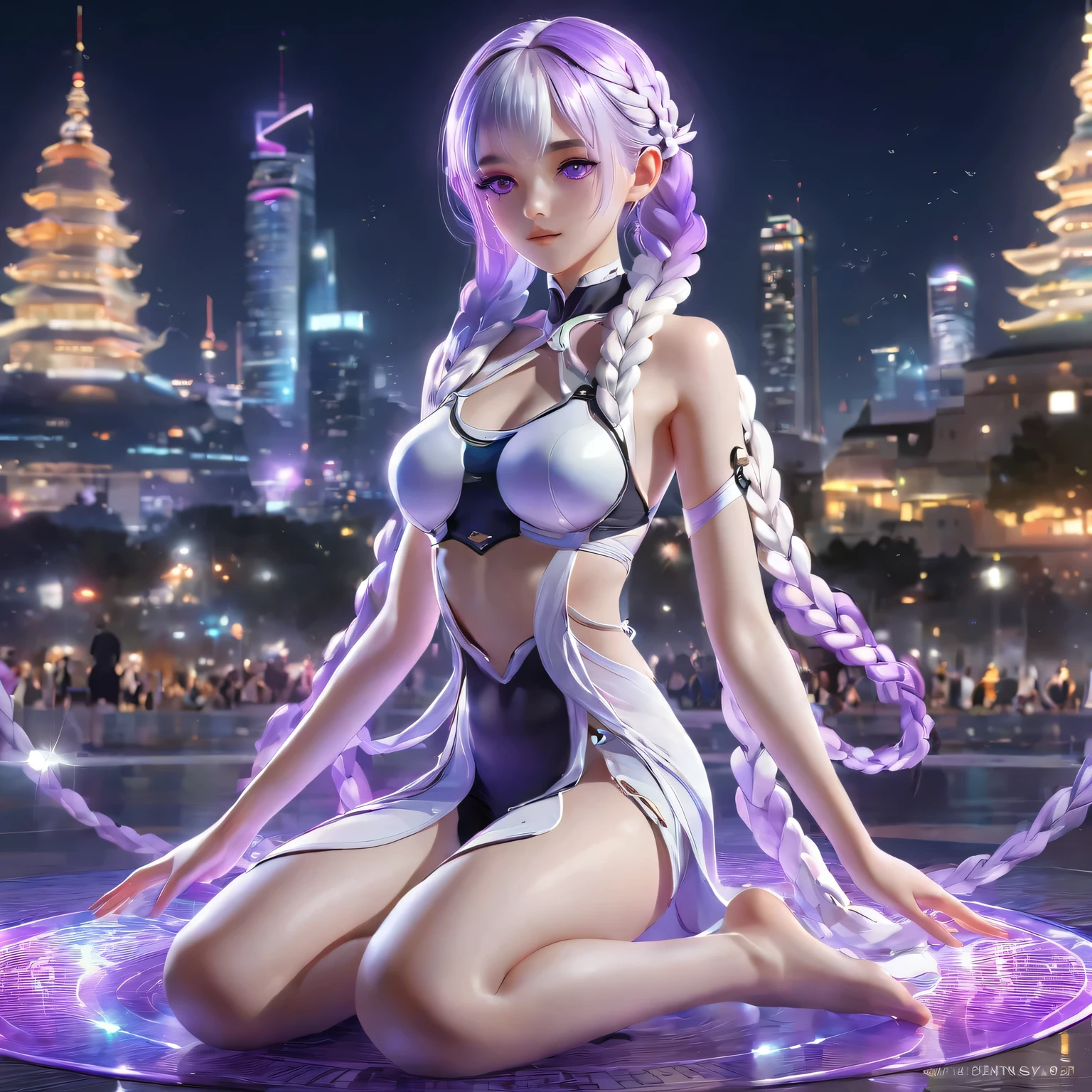 best quality,masterpiece, a girl Lotus position in Yoga, yinji, purple hair, purple eyes, long hair, white hair, double braids, gradient hair, Refined and elegant, 3D Rendering, Transparent PVC clothing,Transparent colored vinyl garment,Prismatic,holographic,Chromatic Aberration,Fashion Illustration,looking at the audience,pixiv,Extremely detailed CG unified 8k wallpaper, Astonishing, movie lighting, Very detailed, Clear focus. (The background is a bustling city night scene) (Great Works: 1.3),  perfect work of art, 