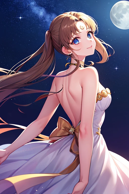 ((best quality)), ((highly detailed)), masterpiece, absurdres, (detailed eyes, deep eyes), (1girl), dynamic pose,  long dark brown hair (to her back), smiling, Princess_white_strapless_dress_huge_back_bow_Golden_crescent_forehead_mark, (at a floating island, midnight, night sky, stars, moonlight, shooting star)