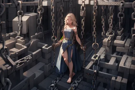 labyrinth,(Too many chains:1.3), bondage, One girl,alone,(Pretty face:1.2),whole body,barefoot