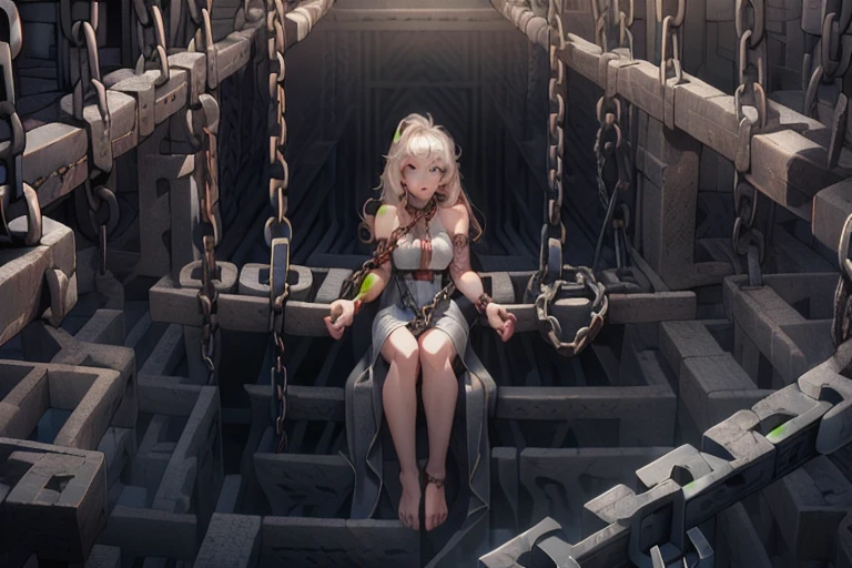 labyrinth,(Too many chains:1.3), bondage, One girl,alone,(Pretty face:1.2),whole body,barefoot