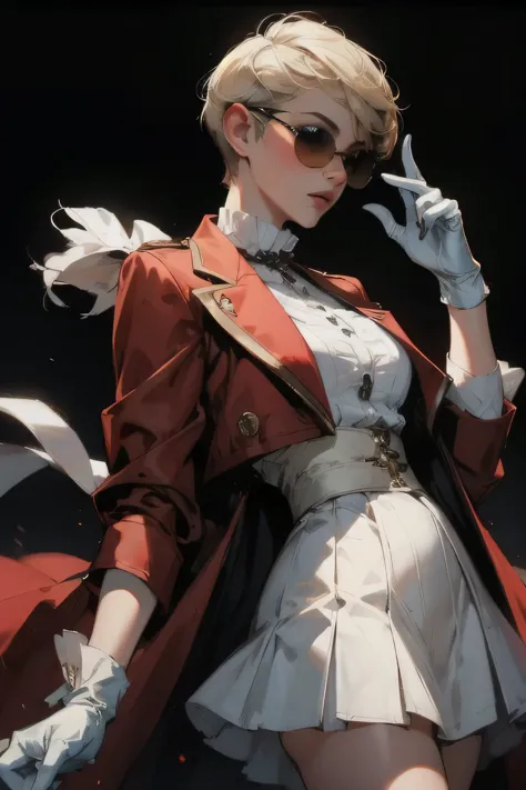 teenage girl, with blonde ((pixie cut hair)), with black sunglasses, wearing a red velvet coat, white skirt, and a white gloves