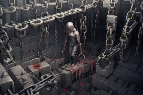 labyrinth,(Too many chains:1.3), bondage, zombie,alone,(Fatigue:1.2),whole body,barefoot