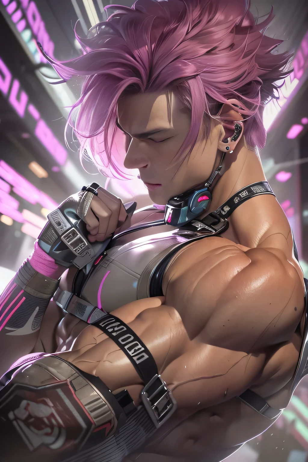 Mann, MÄNNLICH, Meisterwerk, fotorealistisches Bild, a handsome 30 year old taiwanese Mann, stylische rosa Haare, muskulöser Bodybuilder, Cyberpunk-Kleidung, Science-Fiction-Hintergrund, perfekter Schwanz, dripping preWie, Wieshot, Wie, , Projektil , künstlerischer Blickwinkel, sehr schwache Beleuchtung, göttliche Strahlen, extrem dramatische Schatten, , Ganzkörper, Rahmen füllen, beste Komposition