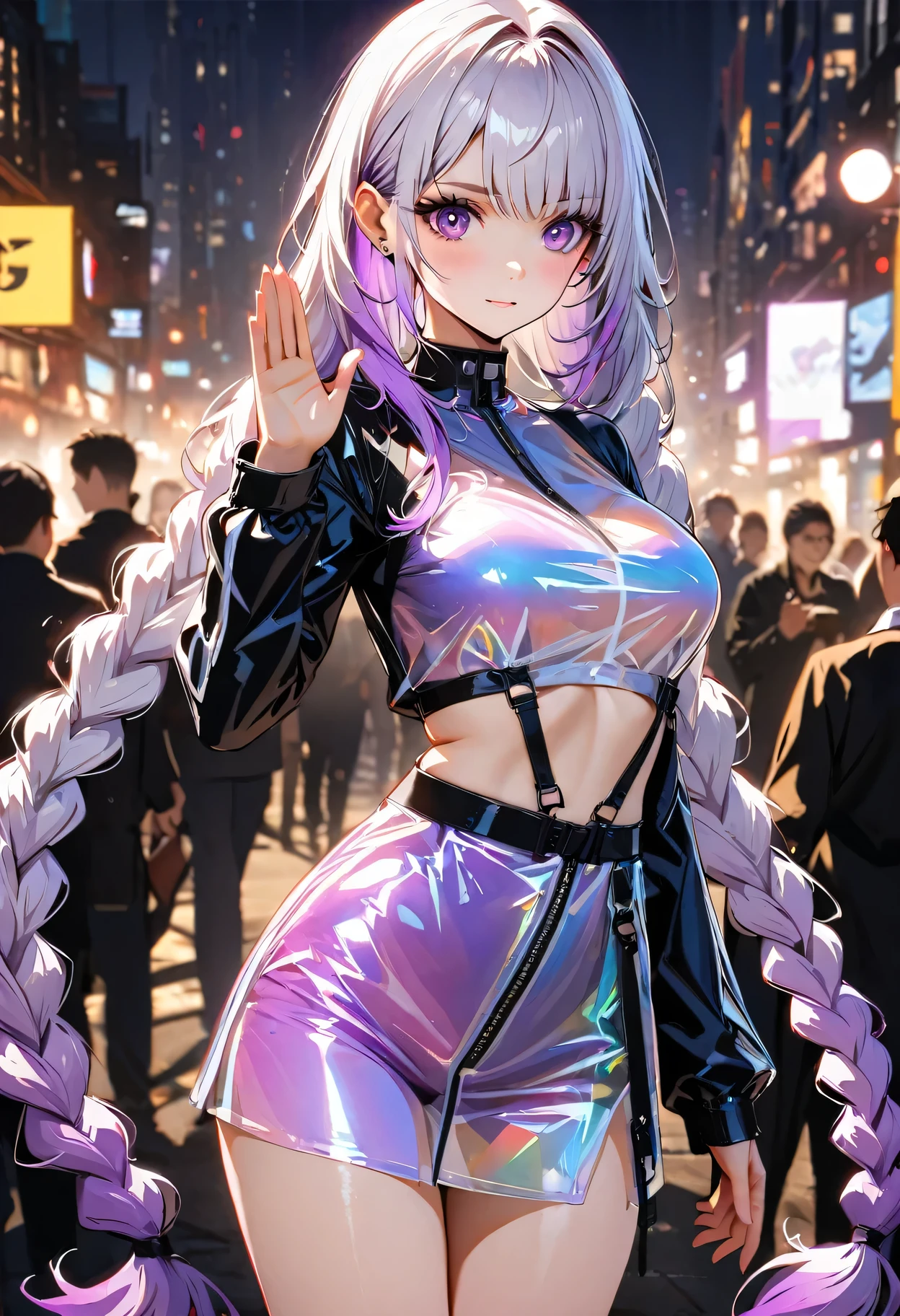 best quality,masterpiece,a girl salute, yinji, purple hair, purple eyes, long hair, white hair, double braids, gradient hair, Refined and elegant, 3D Rendering, Transparent PVC clothing,Transparent colored vinyl garment,Prismatic,holographic,Chromatic Aberration,Fashion Illustration,looking at the audience,pixiv,movie lighting, Very detailed, Clear focus. (The background is a bustling city night scene) ,perfect work of art,